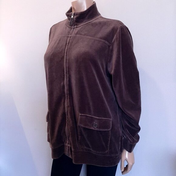 Lands End Velour Full Zip Jacket Sweatshirt Brown Fall Winter Size Large 14 16 - Picture 2 of 11